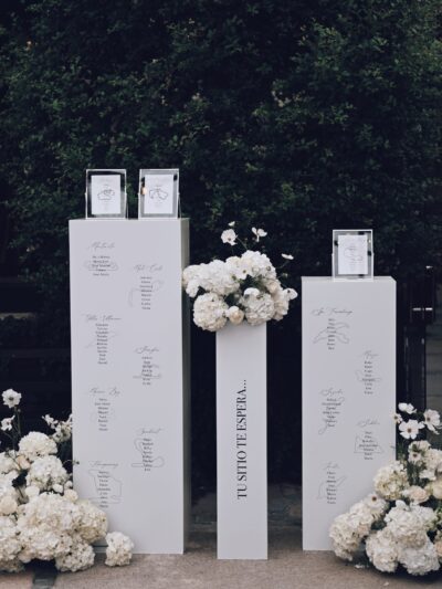 Alejandra & Rubén | Seating plan y decoración de boda Seating plan de boda con paneles blancos y arreglos florales en tonos claros, diseñado para la celebración de Alejandra y Rubén.